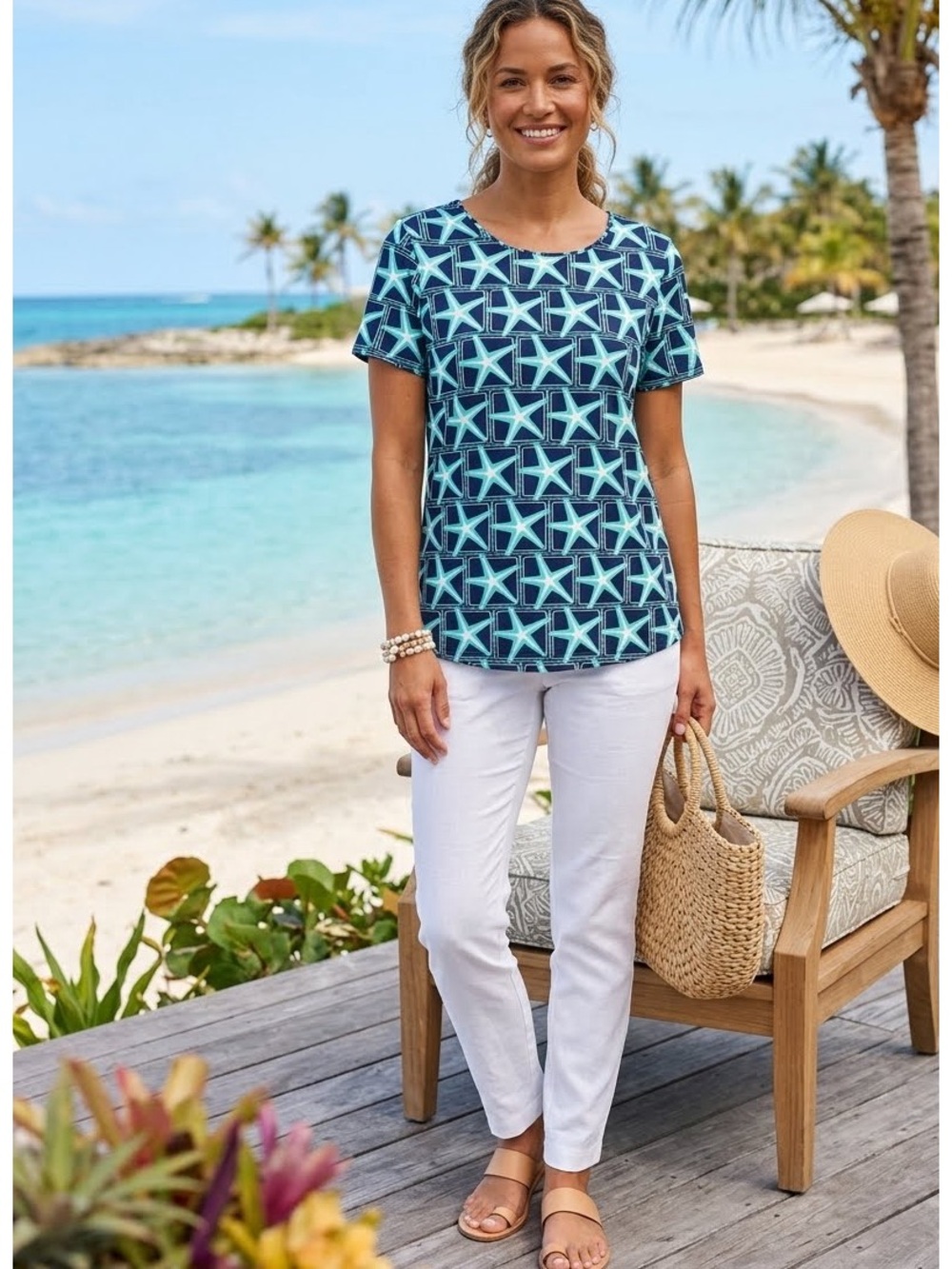 Lulu-B UPF 50 Coastal Short Sleeve Shirt Navy Blue, Aqua and White Size L Resort